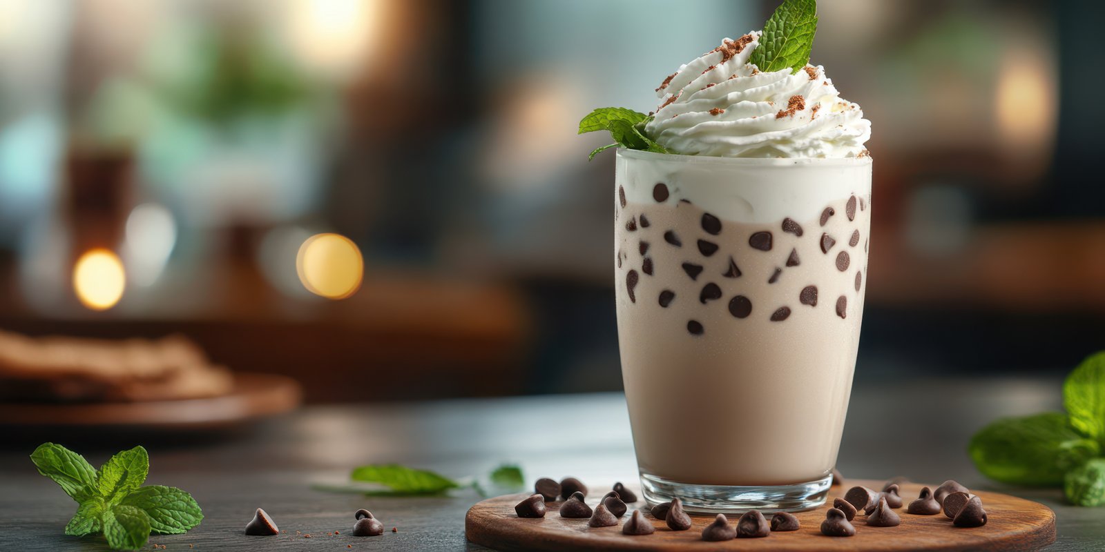 Delicious chilled dessert drink topped with whipped cream and chocolate chips served in a cozy cafe setting